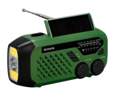 Radio Analógico Radio de emergencia portátil Aiwa R-99EM  | AM/FM, a Batería recargable 2000 mAh; carga solar, por manivela y puerto USB-C, Verde